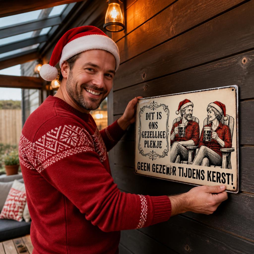 DIT IS ONS GEZELLIGE PLEKJE Metalen Bord - "Geen Gezeur Tijdens Kerst!" Retro Blikvanger & Uniek Kerstcadeau 🎄🍻