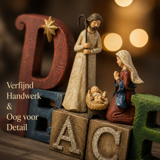 PEACE Kerststal Tableau — Ambachtelijk Hout-Look Sculptuur van de Geboorte van Christus