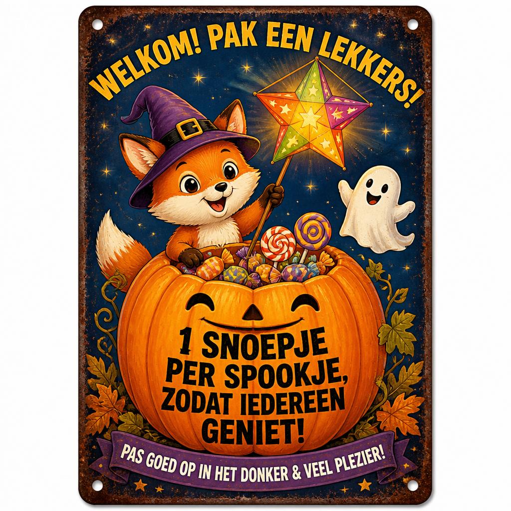 ๐ฌ Zorgeloos De Deur Uit" Snoep Bordje | Voor Halloween & Sint-Maarten ๐