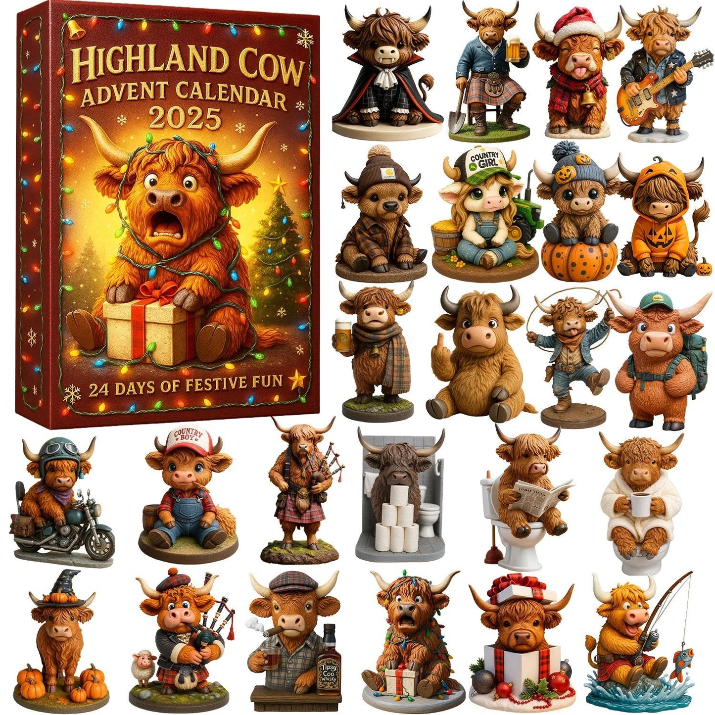 đŽHighland Cow Advent Calendar 2025đ⨠- 3D Handmade Highland Cow Doll(24Pcs)