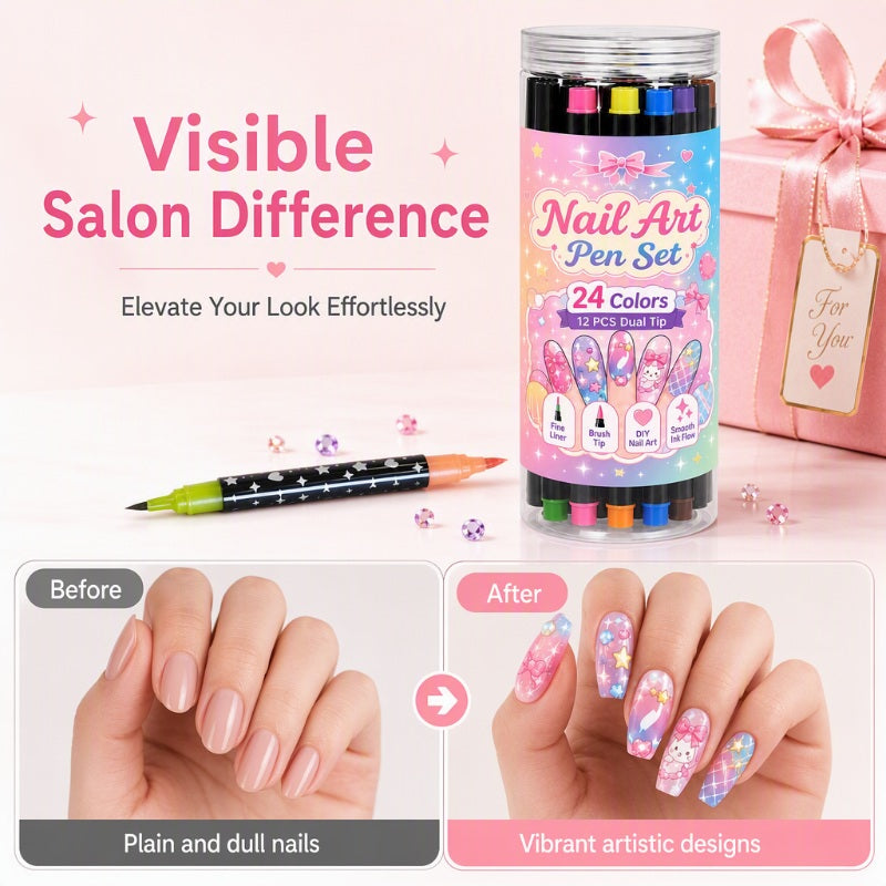 Nail Art Pennen Set (24 Kleuren) – Salonwaardige Nagels in Één Penstreep! 💅