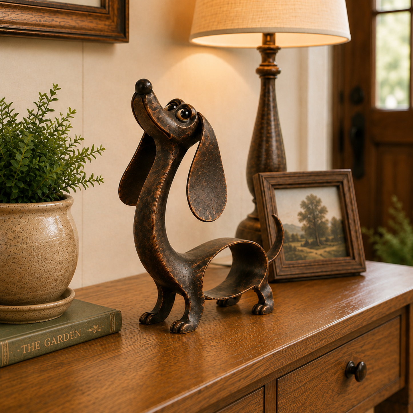 🐕 Vintage Bronzen Teckel Sculptuur (30cm) - Sfeervolle Blikvanger voor Huis & Tuin 🤎