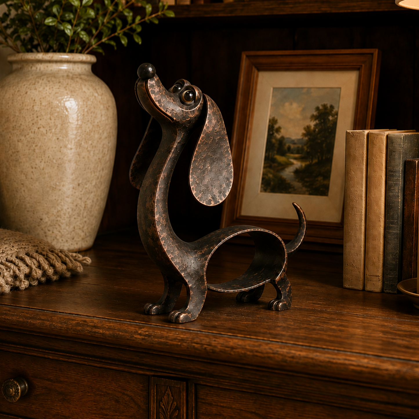 🐕 Vintage Bronzen Teckel Sculptuur (30cm) - Sfeervolle Blikvanger voor Huis & Tuin 🤎