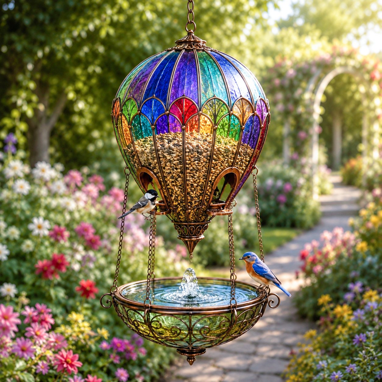 🎈 Glas-in-Lood Luchtballon Vogelvoederhuis & Drinkschaal | Sfeervolle Tuindecoratie