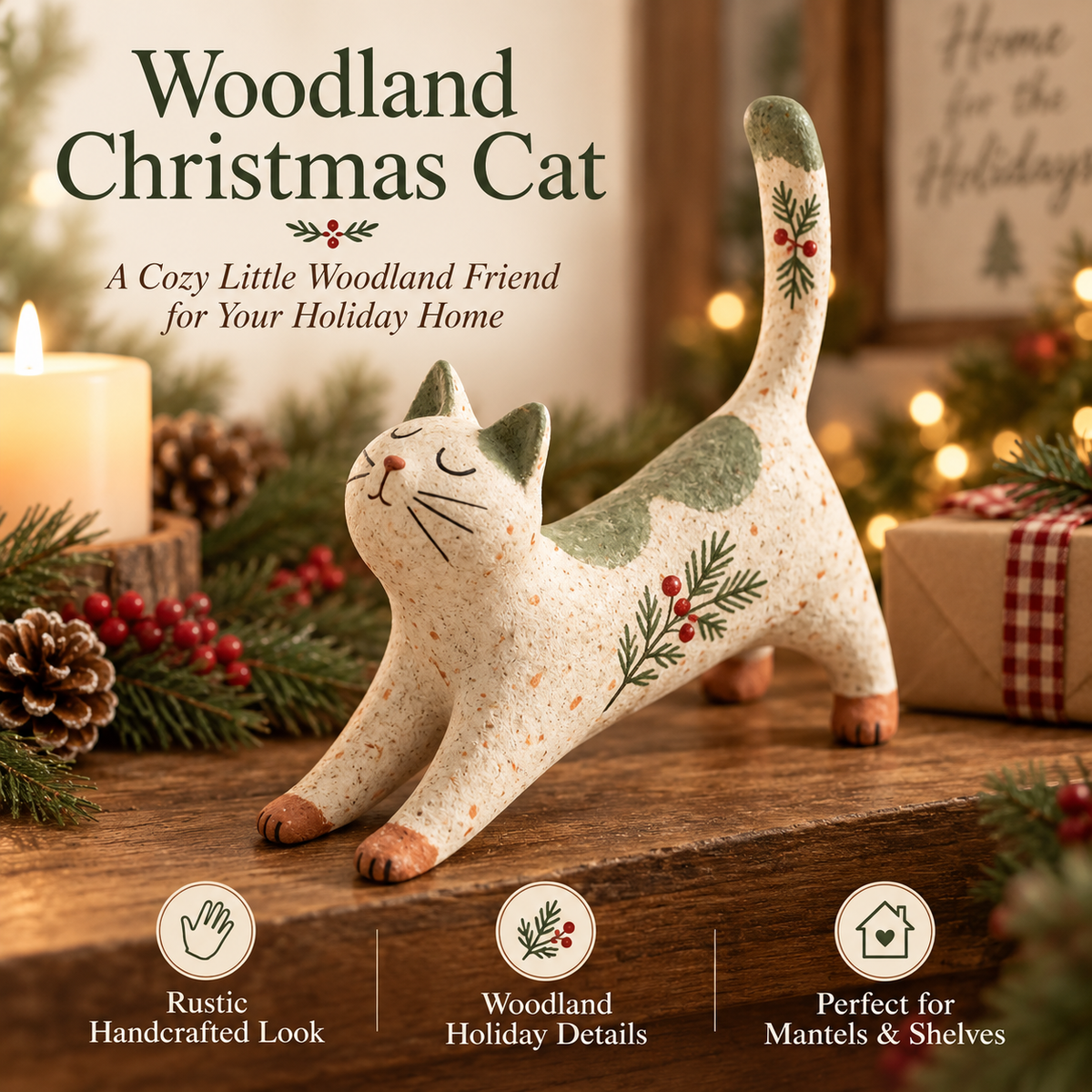 🐾 Boskatje van 't Huis | Liefdevol Kerstbeeldje voor Sfeer & Gezelligheid 🎄