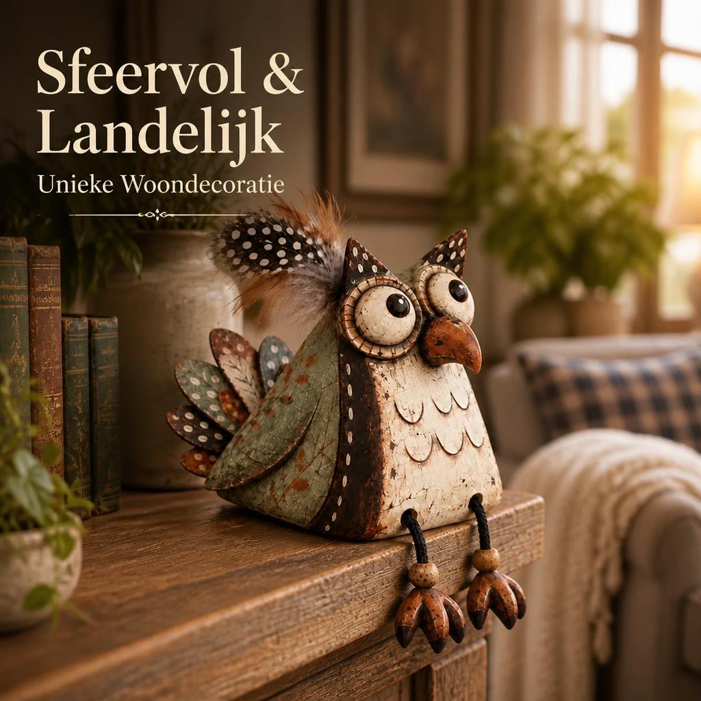 🍂 Geef Je Huis Direct Die Unieke, Warme & Landelijke Sfeer – 🦉 Decoratieve Uil Met Bungelbenen 🏠