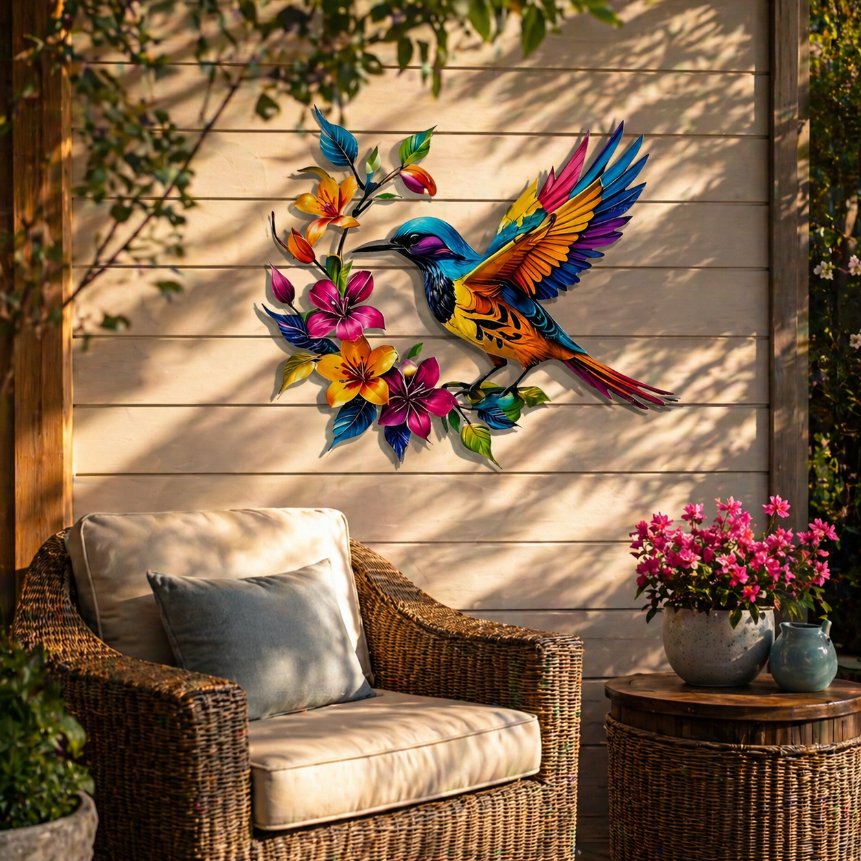Maak je tuin extra gezellig met deze kleurrijke kolibrie die stormvast aan elke muur schittert 🌸
