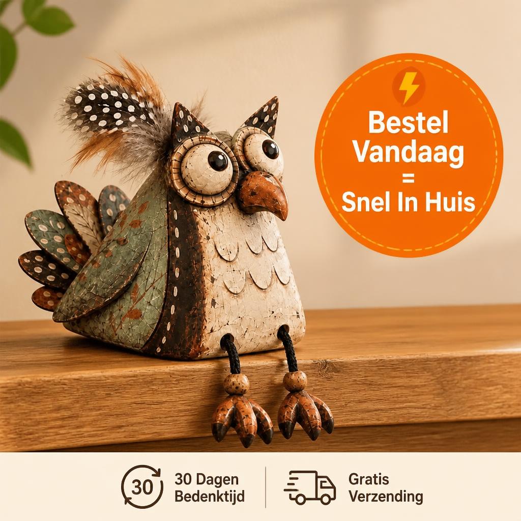 🍂 Geef Je Huis Direct Die Unieke, Warme & Landelijke Sfeer – 🦉 Decoratieve Uil Met Bungelbenen 🏠