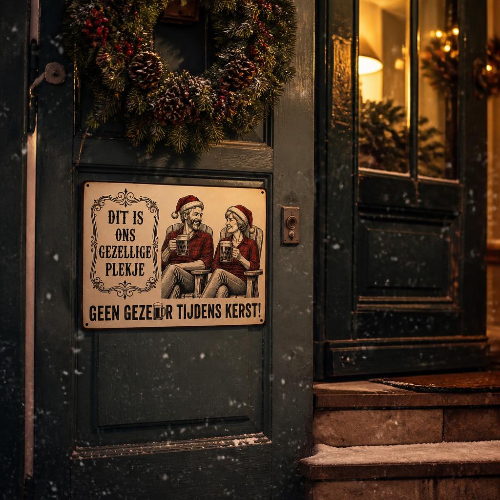 DIT IS ONS GEZELLIGE PLEKJE Metalen Bord - "Geen Gezeur Tijdens Kerst!" Retro Blikvanger & Uniek Kerstcadeau 🎄🍻