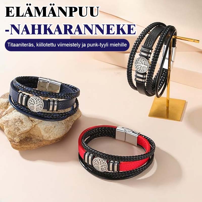 🌳💪 Elämänpuu-Nahkaranneke Miehille – Kestävä Titaaniteräs, Kiillotettu Viimeistely, Punk-Tyyli ✨