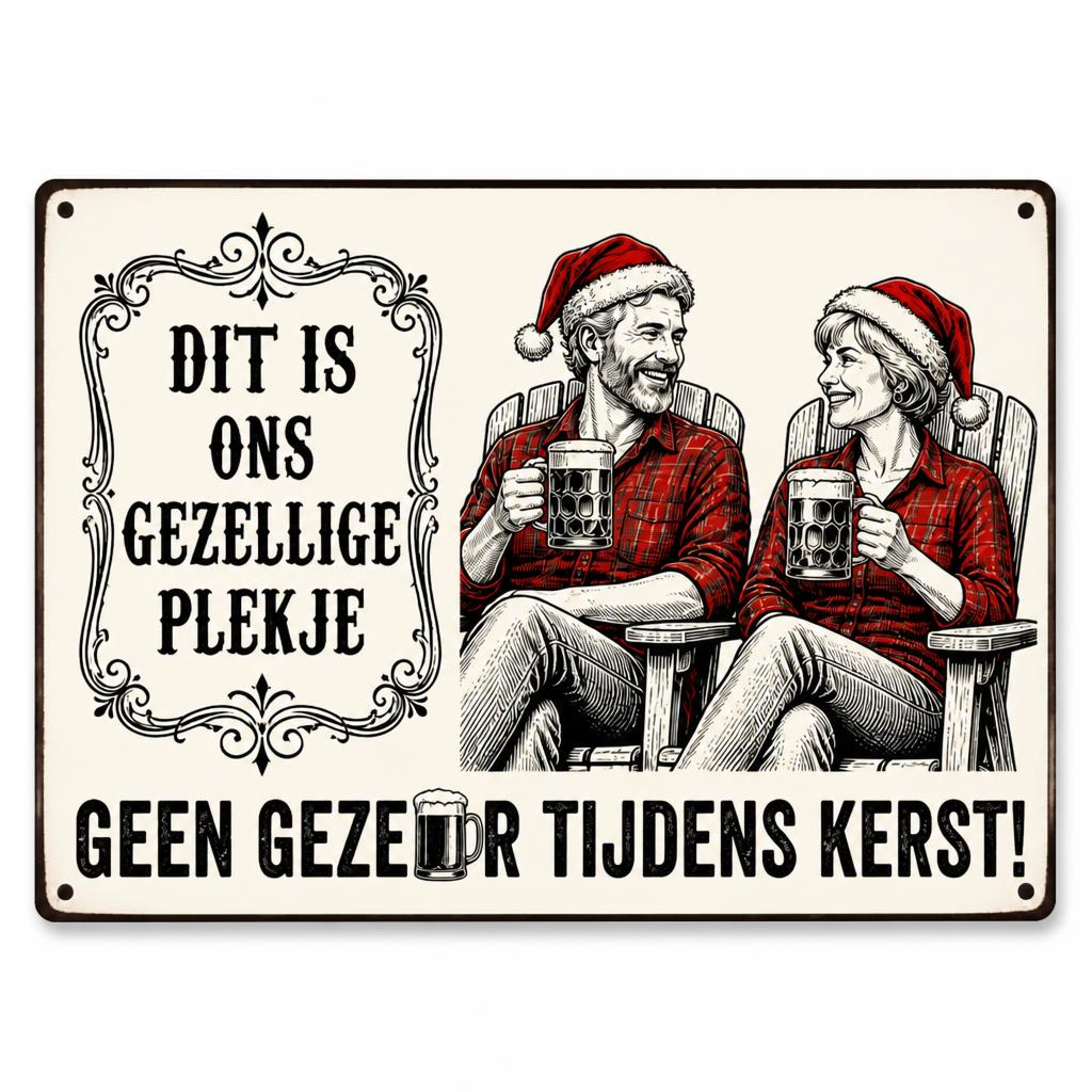 DIT IS ONS GEZELLIGE PLEKJE Metalen Bord - "Geen Gezeur Tijdens Kerst!" Retro Blikvanger & Uniek Kerstcadeau 🎄🍻