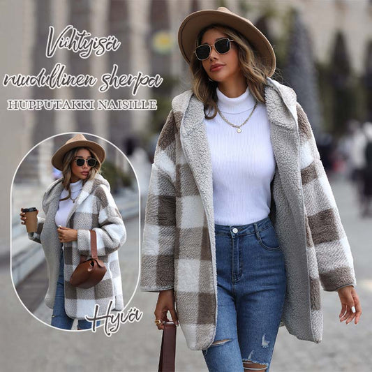 Viihtyisä ruudullinen sherpa-hupputakki naisille 🧥