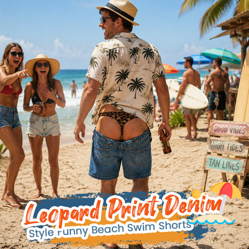 🔥 De Zomer-Hype! Grappige Panterprint Denim-Look Zwembroek 🏖️