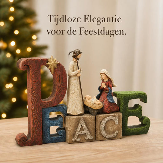 PEACE Kerststal Tableau — Ambachtelijk Hout-Look Sculptuur van de Geboorte van Christus
