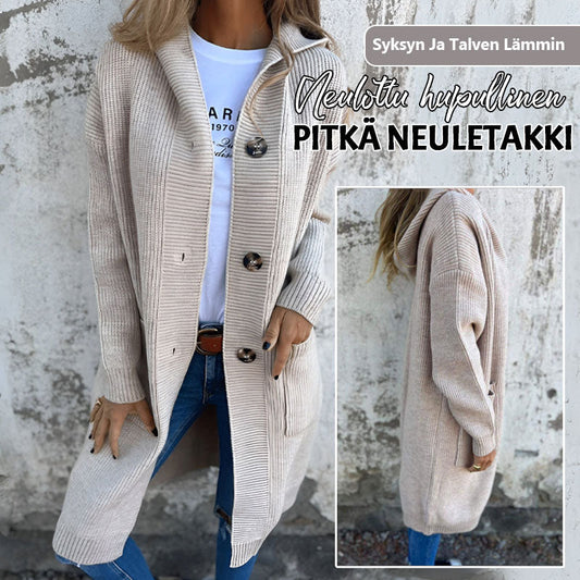 🍂 Syksyn Ja Talven Lämmin Neulottu Hupullinen Pitkä Neuletakki
