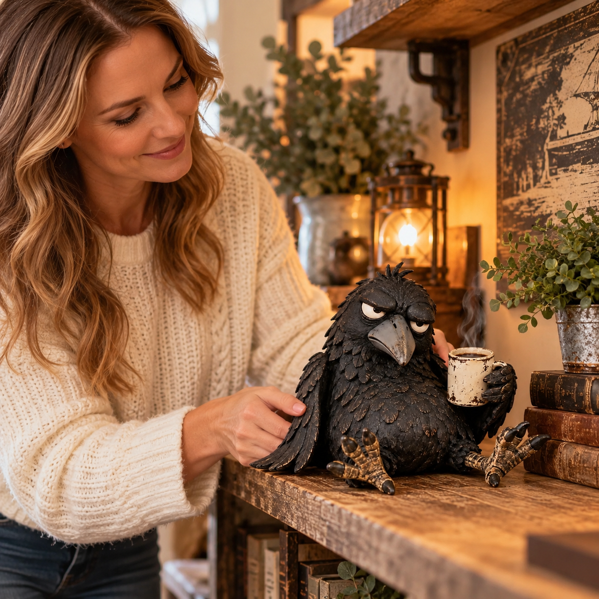 Grumpy Coffee Raaf Figuur – "NOT YET. Eerst Koffie!" ☕ | Hilarische Ochtend Decoratie