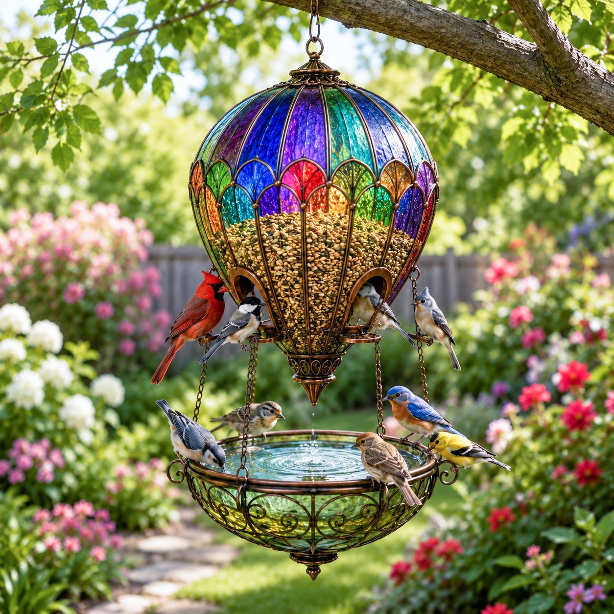 🎈 Glas-in-Lood Luchtballon Vogelvoederhuis & Drinkschaal | Sfeervolle Tuindecoratie