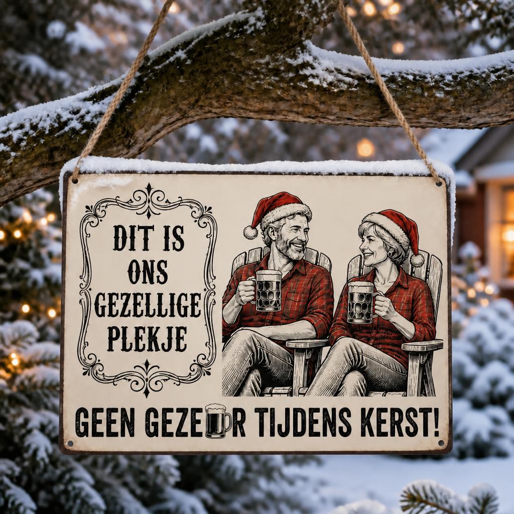 DIT IS ONS GEZELLIGE PLEKJE Metalen Bord - "Geen Gezeur Tijdens Kerst!" Retro Blikvanger & Uniek Kerstcadeau 🎄🍻