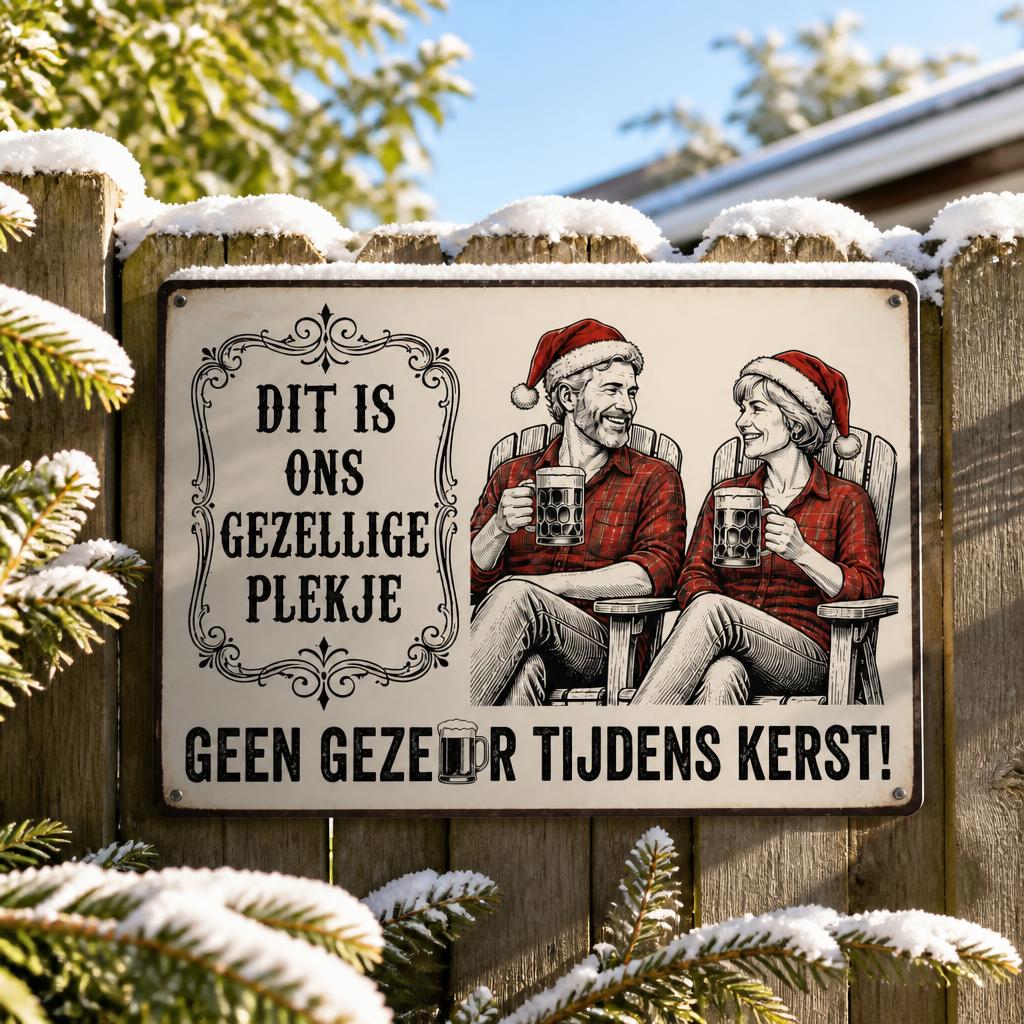 DIT IS ONS GEZELLIGE PLEKJE Metalen Bord - "Geen Gezeur Tijdens Kerst!" Retro Blikvanger & Uniek Kerstcadeau 🎄🍻