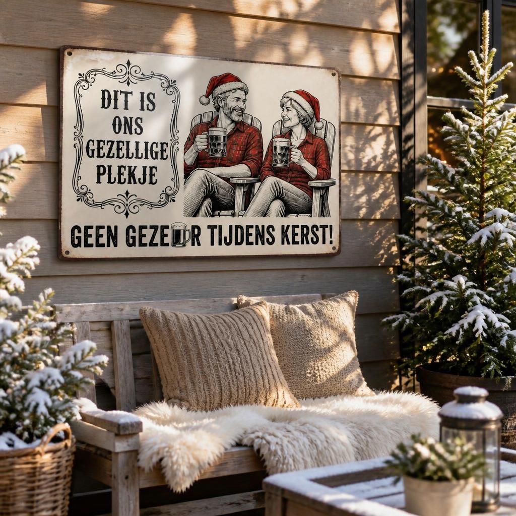DIT IS ONS GEZELLIGE PLEKJE Metalen Bord - "Geen Gezeur Tijdens Kerst!" Retro Blikvanger & Uniek Kerstcadeau 🎄🍻