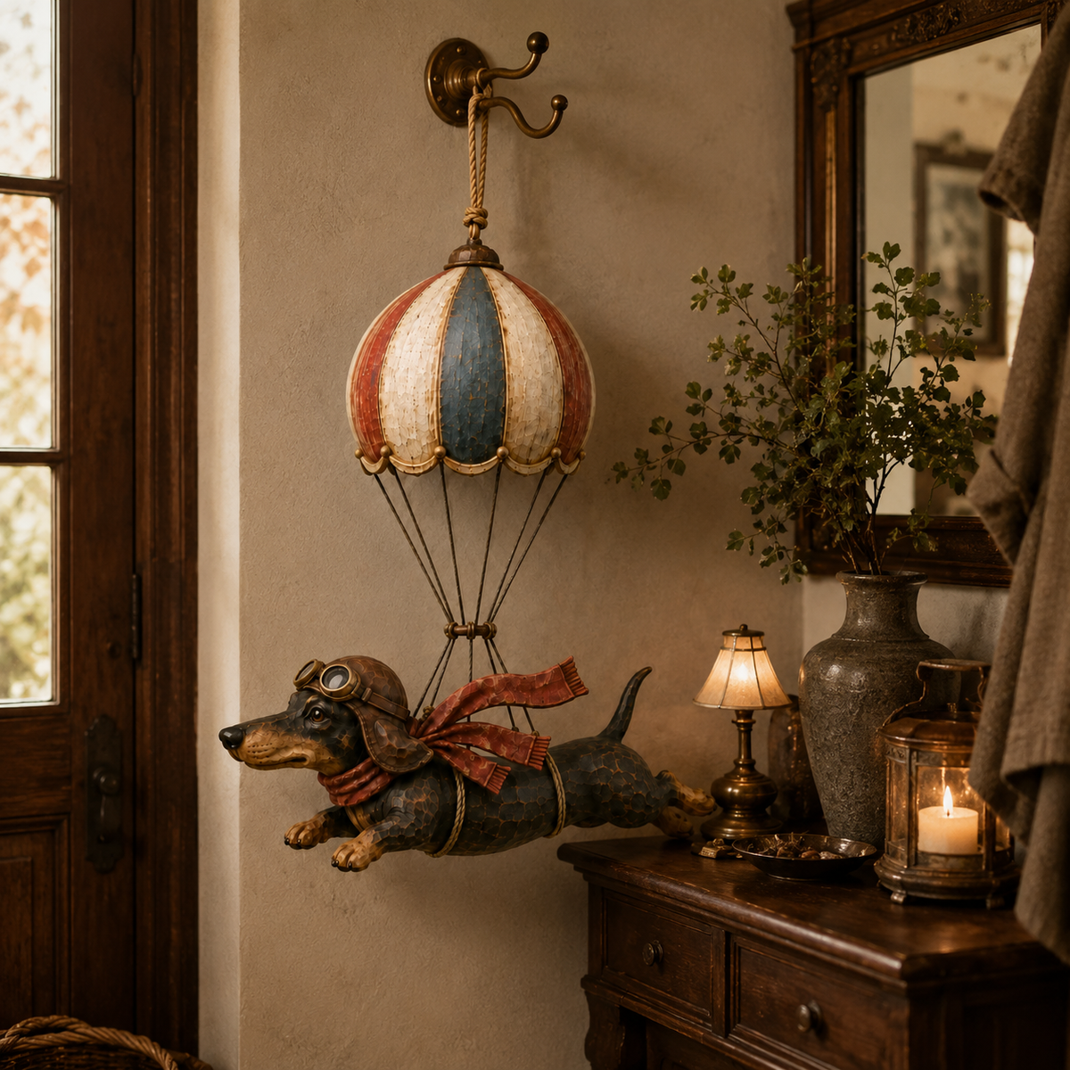 Vliegende Teckel in Luchtballon 🎈 – Vintage Decoratie met Karakter