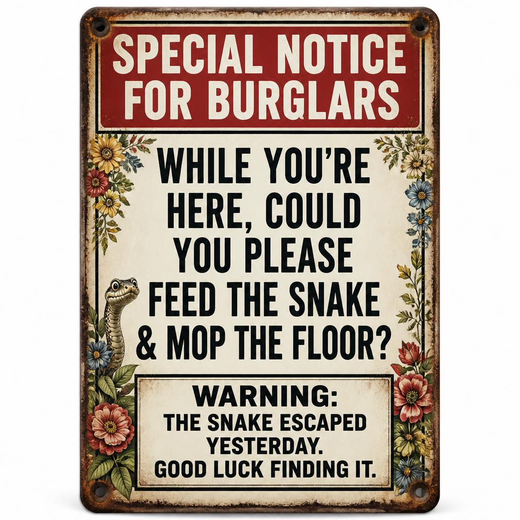🐍 Special Notice Metalen Bord — Schrik Inbrekers Af met Geniale Retro Humor! 🛑