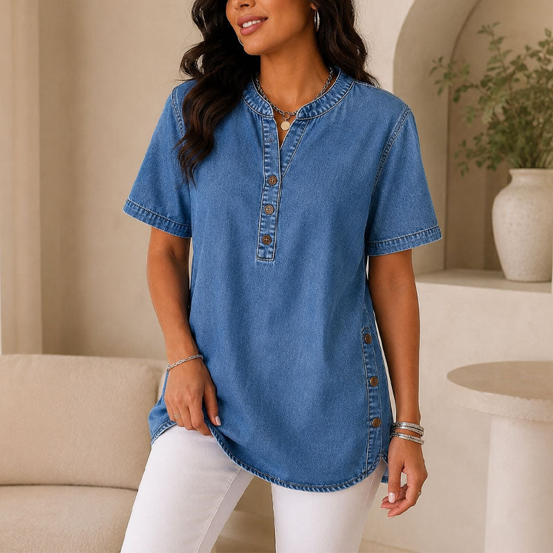 Dames Kwalitatieve mengstof Denim Tuniek✨V-hals los passend voor dagelijks dragen