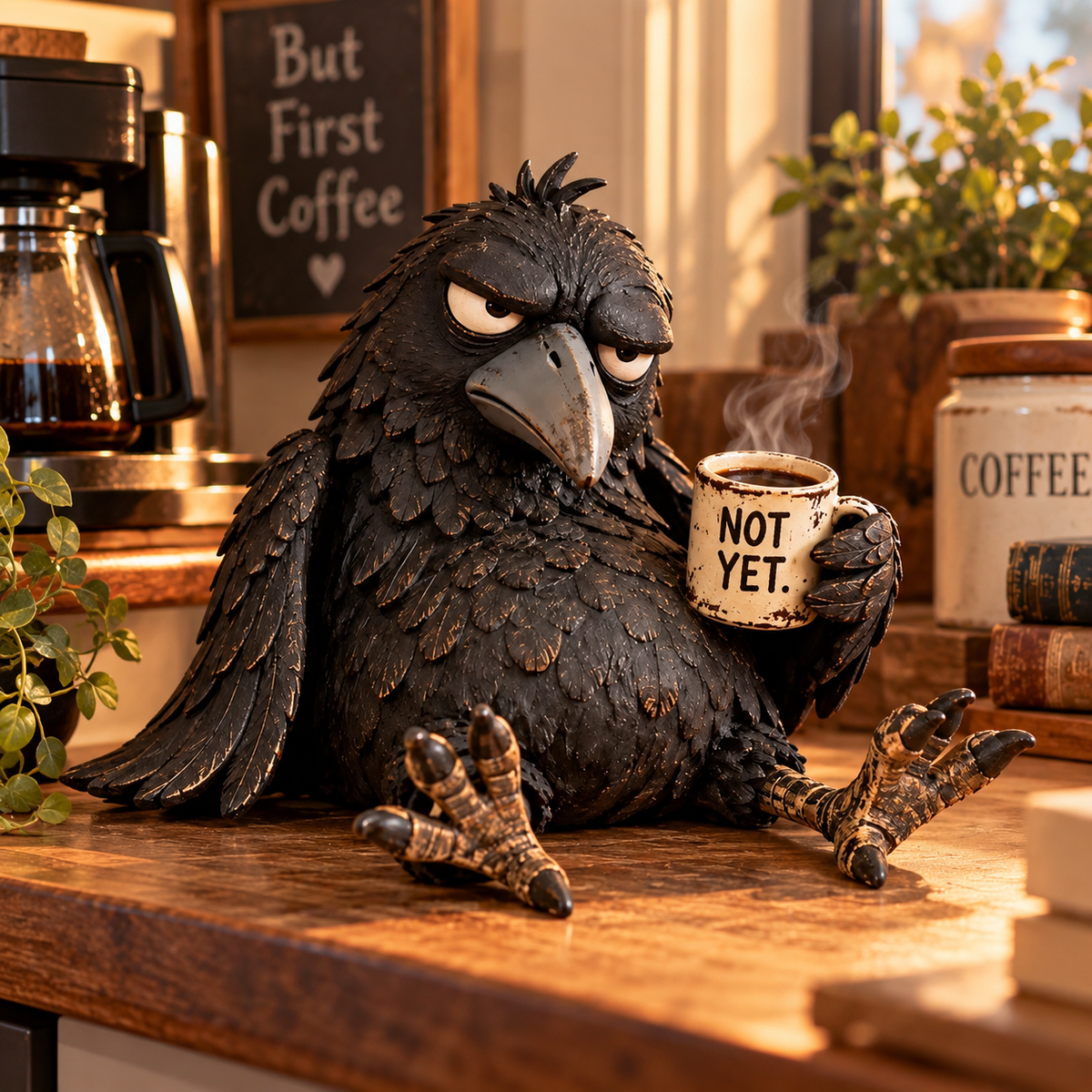 Grumpy Coffee Raaf Figuur – "NOT YET. Eerst Koffie!" ☕ | Hilarische Ochtend Decoratie