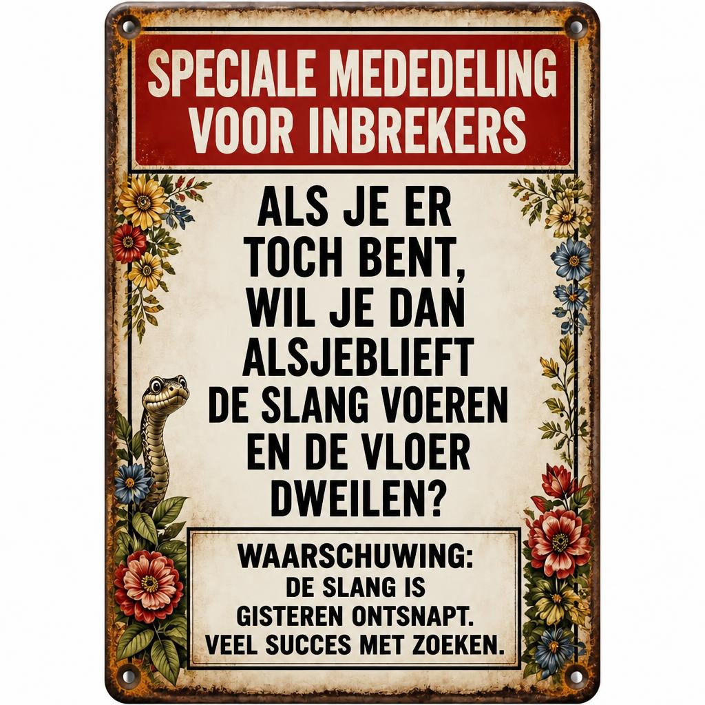 🐍 Special Notice Metalen Bord — Schrik Inbrekers Af met Geniale Retro Humor! 🛑