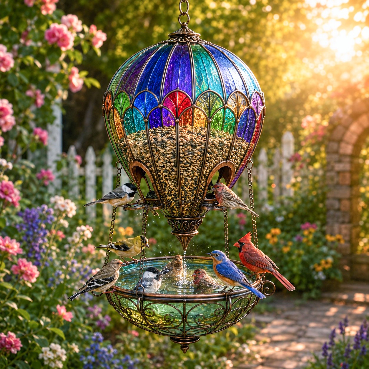 🎈 Glas-in-Lood Luchtballon Vogelvoederhuis & Drinkschaal | Sfeervolle Tuindecoratie