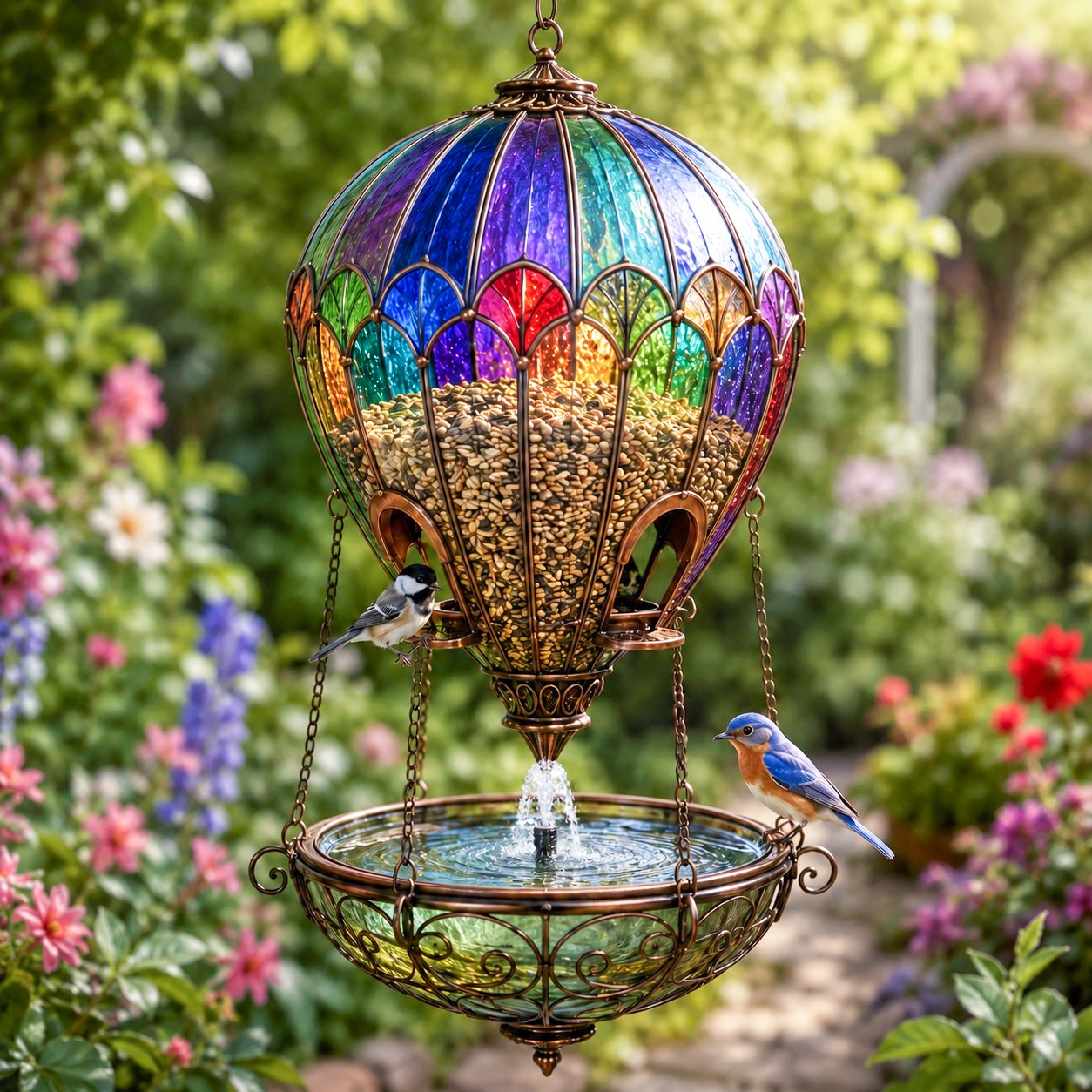 🎈 Glas-in-Lood Luchtballon Vogelvoederhuis & Drinkschaal | Sfeervolle Tuindecoratie
