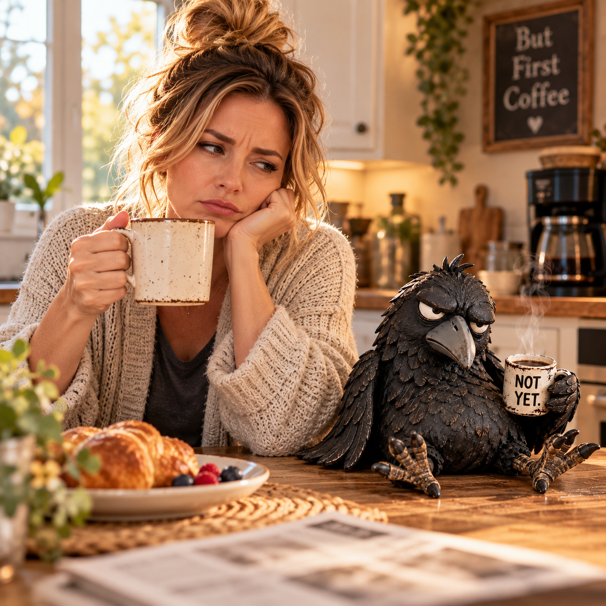 Grumpy Coffee Raaf Figuur – "NOT YET. Eerst Koffie!" ☕ | Hilarische Ochtend Decoratie