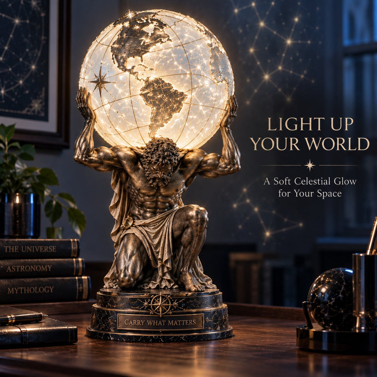 🌏 Atlas Klassieke Sfeerlamp – Verlichte Hemelbol voor Rust, Focus & Studie