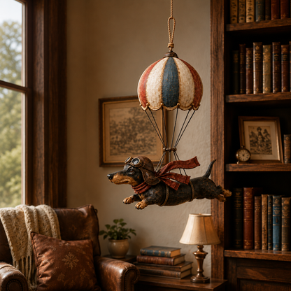 Vliegende Teckel in Luchtballon 🎈 – Vintage Decoratie met Karakter