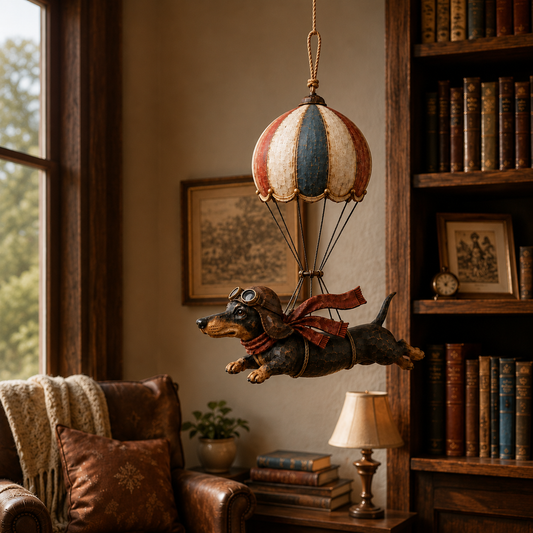Vliegende Teckel in Luchtballon 🎈 – Vintage Decoratie met Karakter