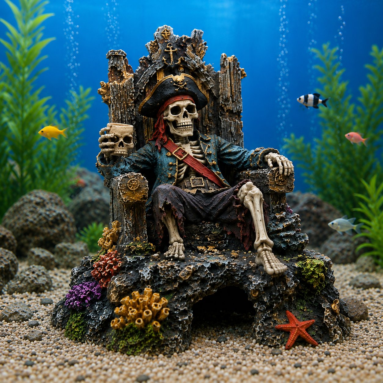 De Stille Bewaker van Je Tank: Mystieke Piraten Skelet Troon & Grot
