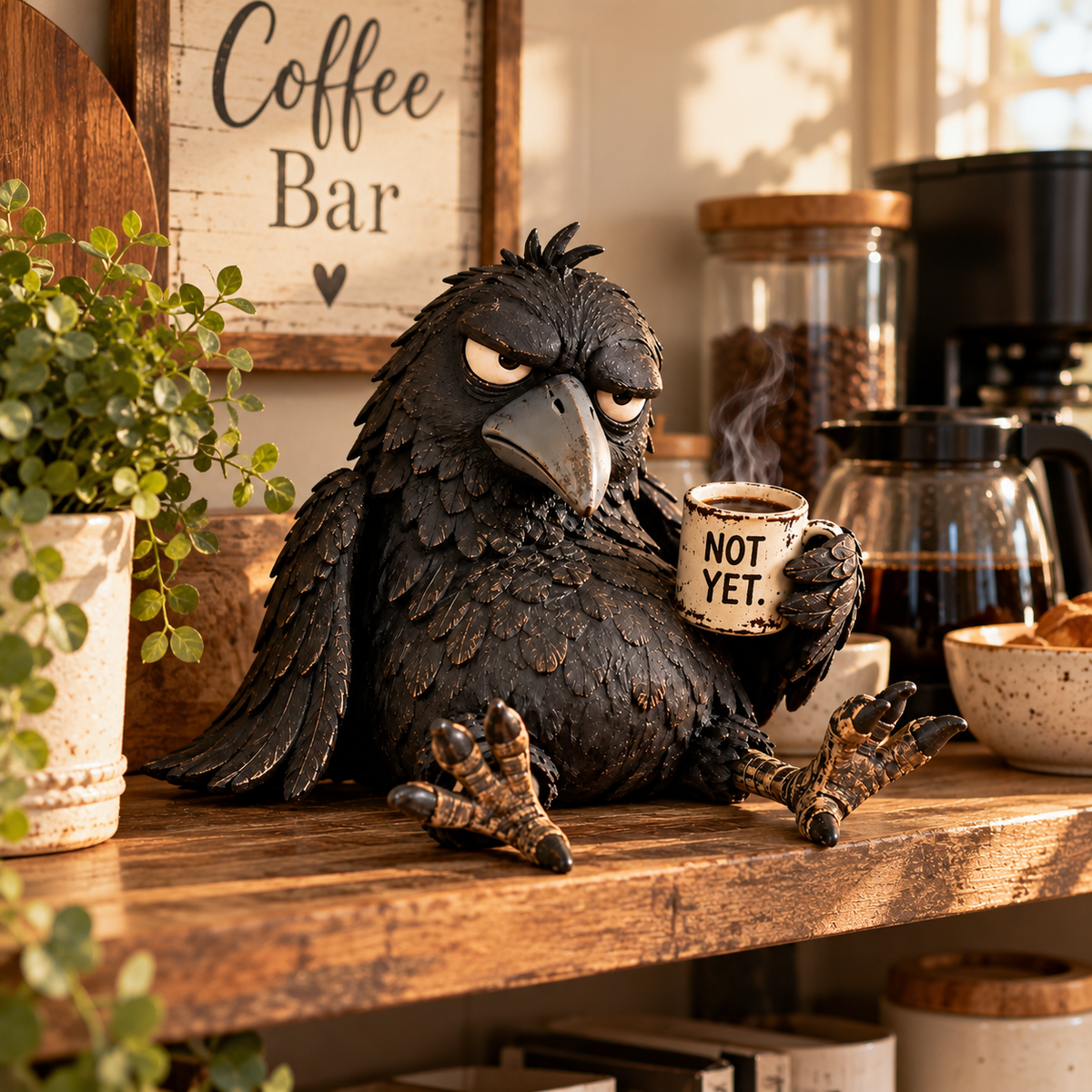 Grumpy Coffee Raaf Figuur – "NOT YET. Eerst Koffie!" ☕ | Hilarische Ochtend Decoratie