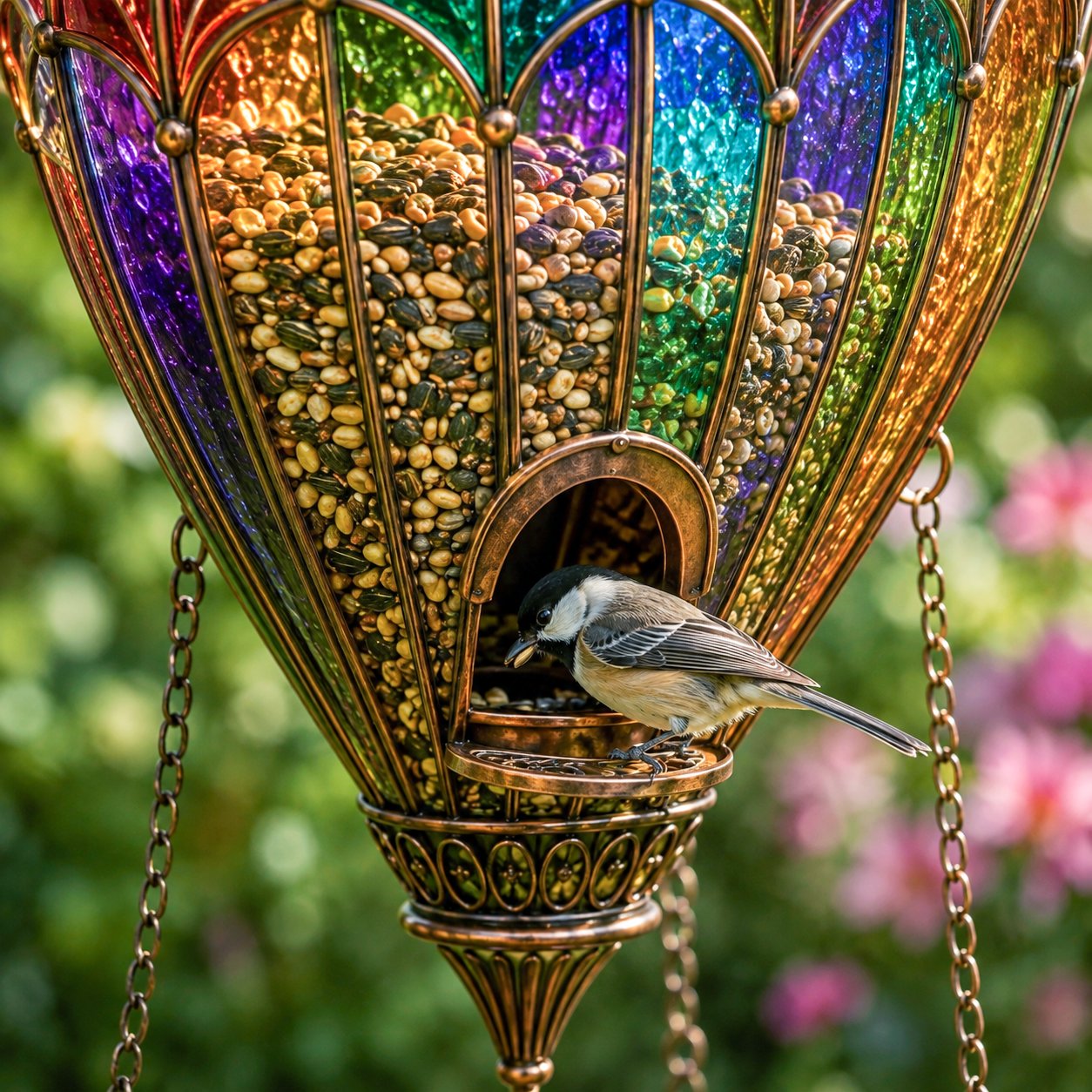 🎈 Glas-in-Lood Luchtballon Vogelvoederhuis & Drinkschaal | Sfeervolle Tuindecoratie
