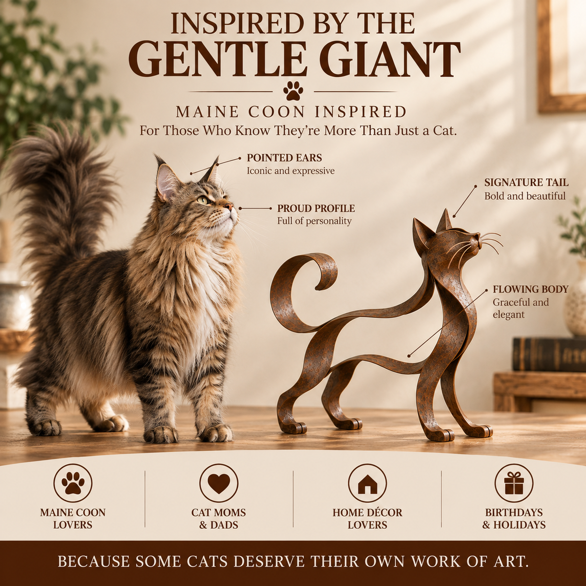 🐱✨ Elegant Metalen Maine Coon Beeldje – Sfeervolle Kattenkunst voor in Huis 🏡