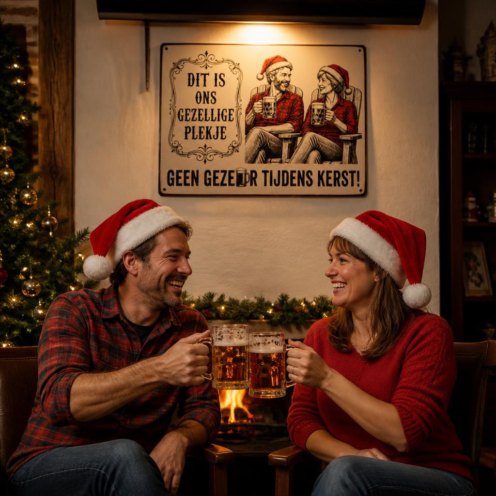 DIT IS ONS GEZELLIGE PLEKJE Metalen Bord - "Geen Gezeur Tijdens Kerst!" Retro Blikvanger & Uniek Kerstcadeau 🎄🍻