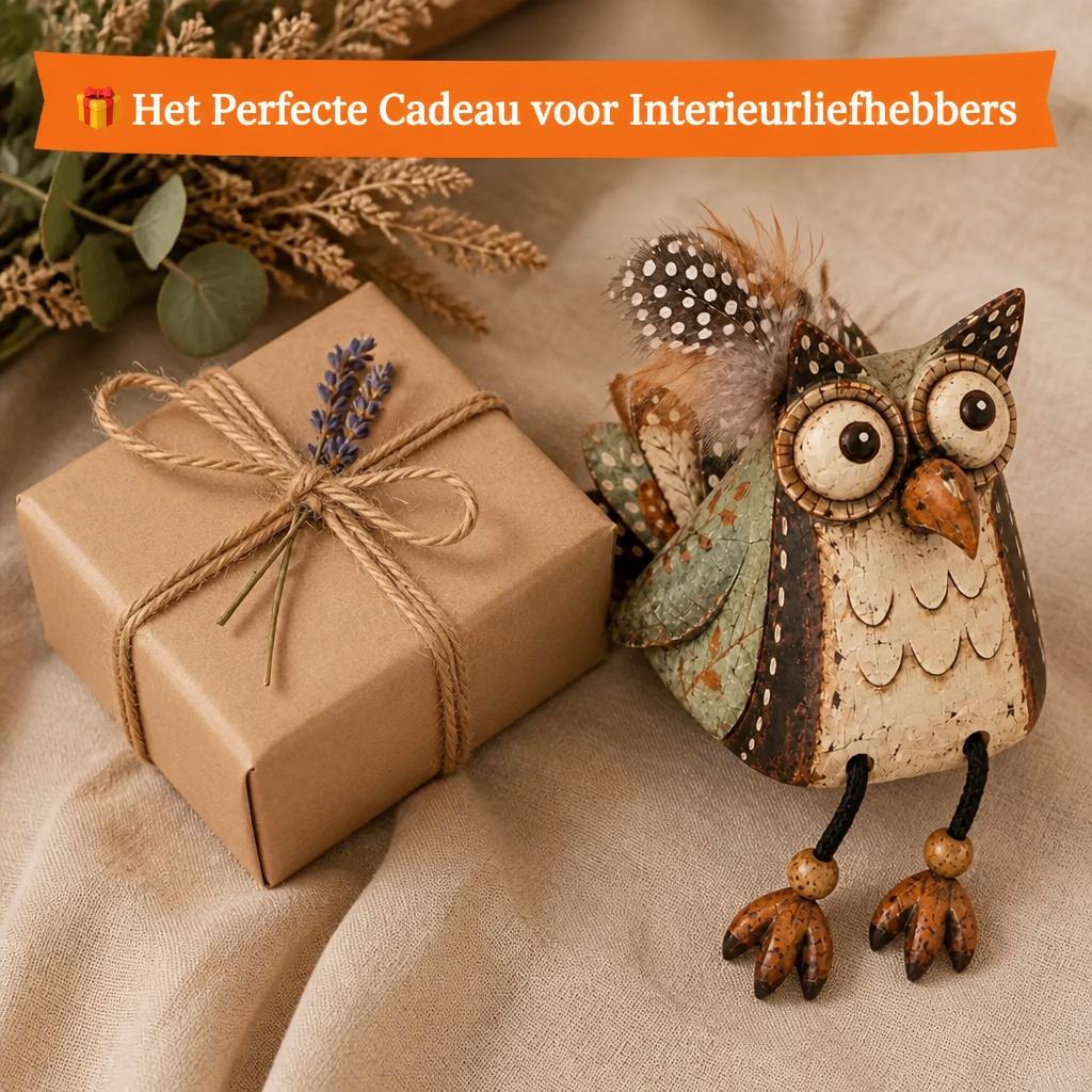 🍂 Geef Je Huis Direct Die Unieke, Warme & Landelijke Sfeer – 🦉 Decoratieve Uil Met Bungelbenen 🏠
