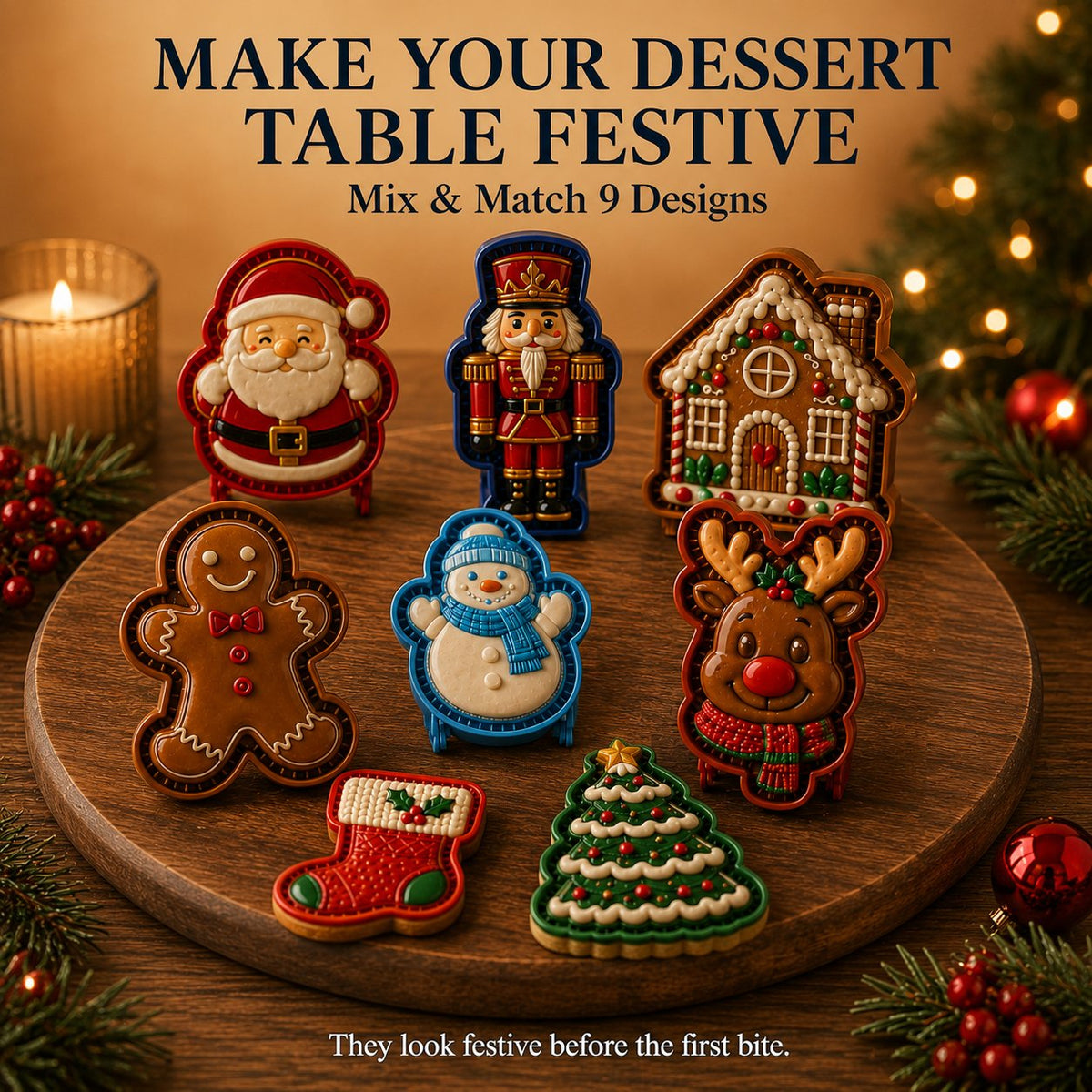 🎅 Gezellig Samen Bakken! 8-in-1 Kerst Mini Taart Stempel Set (Anti-Aanbak & Gedetailleerd)