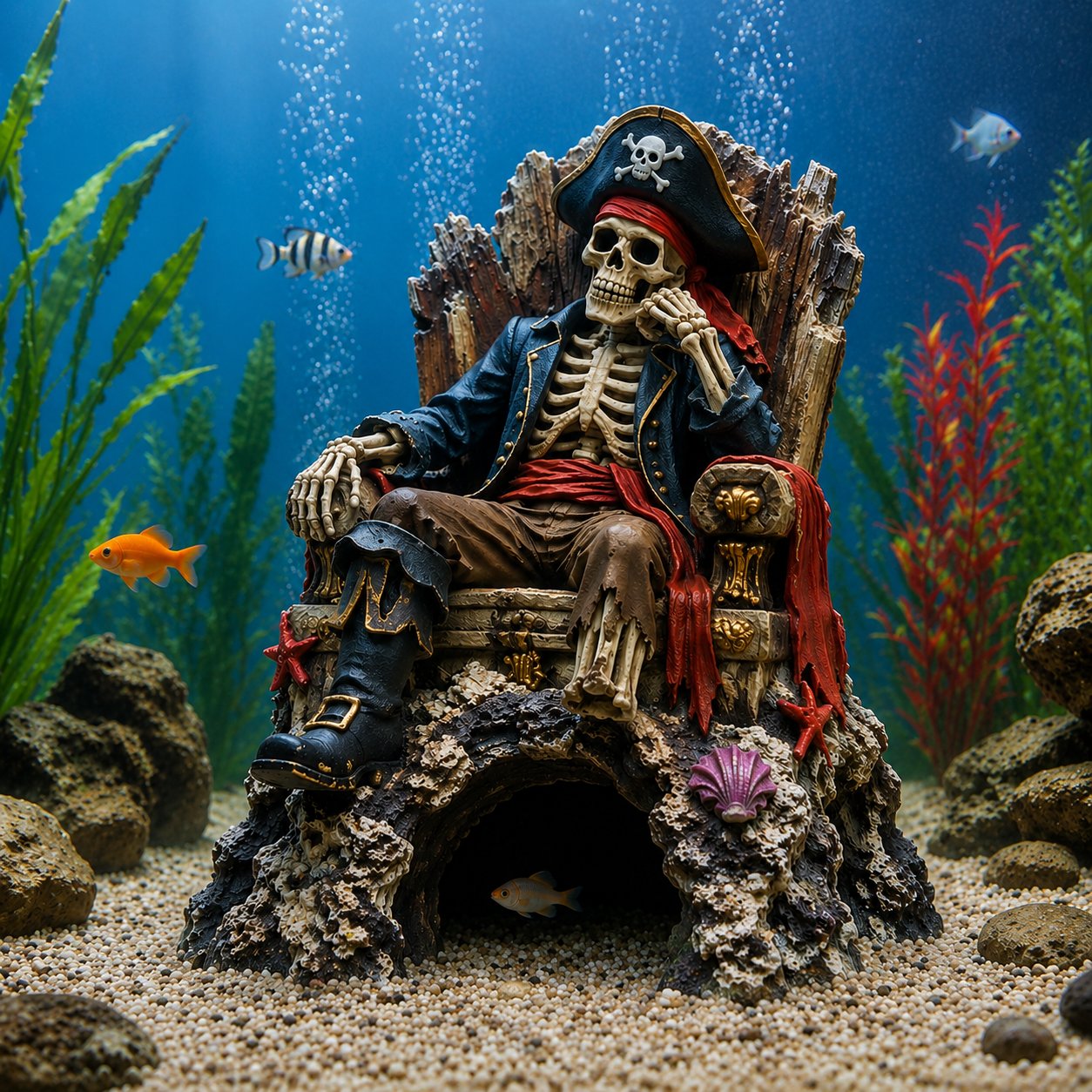 De Stille Bewaker van Je Tank: Mystieke Piraten Skelet Troon & Grot