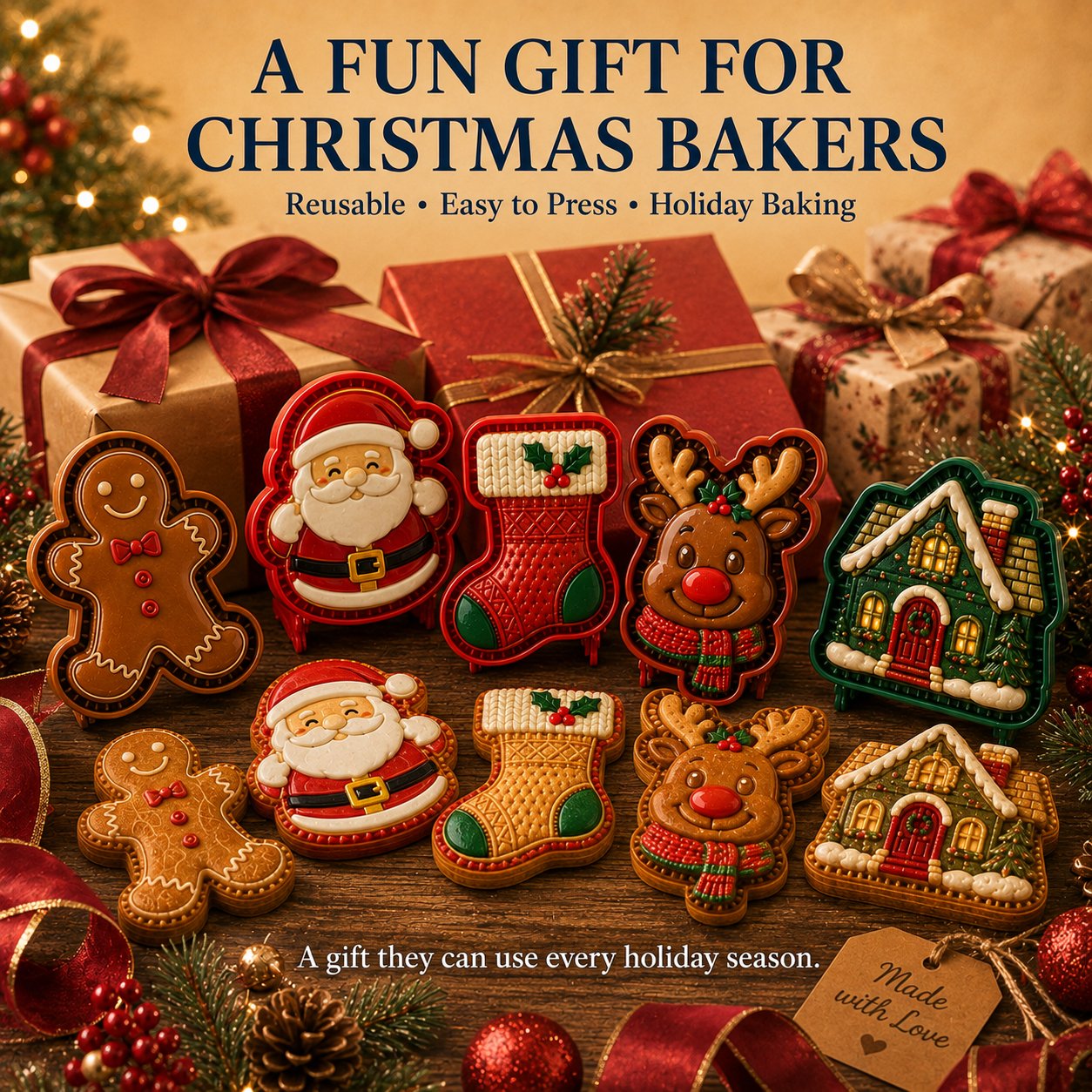 🎅 Gezellig Samen Bakken! 8-in-1 Kerst Mini Taart Stempel Set (Anti-Aanbak & Gedetailleerd)
