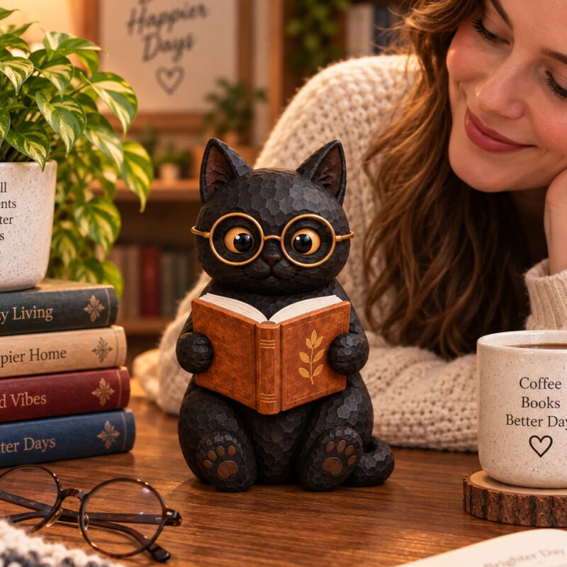 🐱 Lezende Kat Figuur – Het Perfecte Maatje voor Jouw Gezellige Boekenhoek 📚