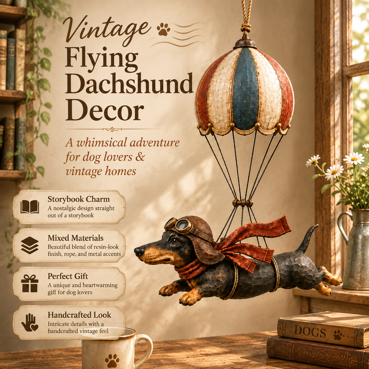 Vliegende Teckel in Luchtballon 🎈 – Vintage Decoratie met Karakter