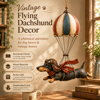 Vliegende Teckel in Luchtballon 🎈 – Vintage Decoratie met Karakter