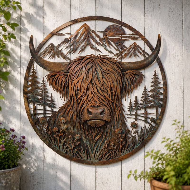 🏔️✨ Robuuste Highland Cow Metalen Wanddecoratie — Sfeer & Karakter in Huis!