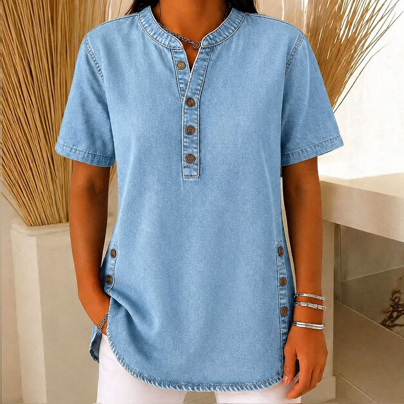 Dames Kwalitatieve mengstof Denim Tuniek✨V-hals los passend voor dagelijks dragen