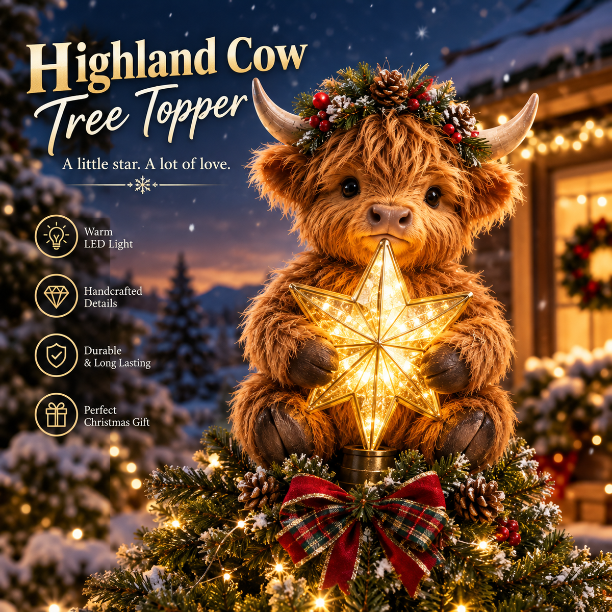 Liefste Highland-Koe Kerstboomtopper met Warm LED-Sterlicht 🐮✨ | De Unieke Kerstblikvanger voor het Hele Gezin